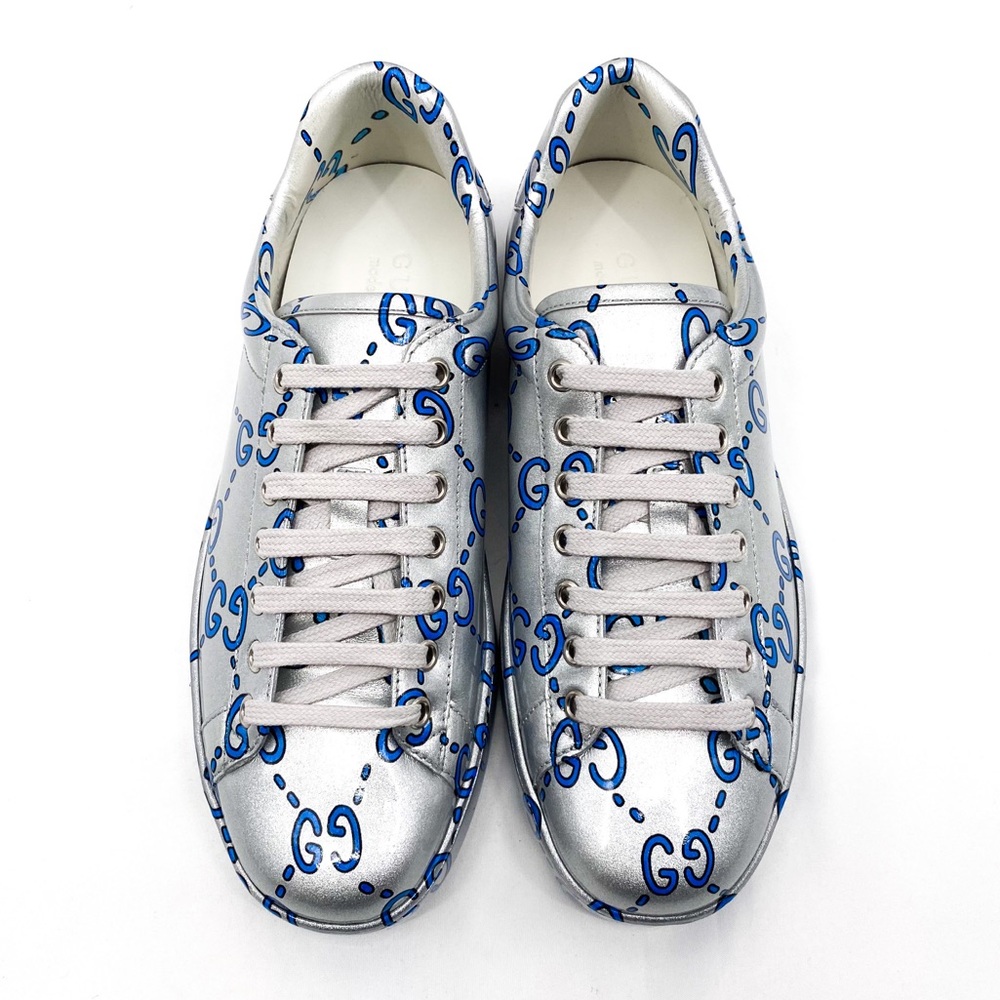 GUCCI Ace GG Coated Leather Sneakers Silver Mens - Picture 4 of 14